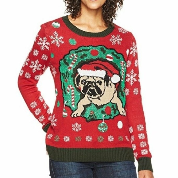 ugly christmas sweater sweaters womens pug in wreath new poshmark pug ugly christmas sweater